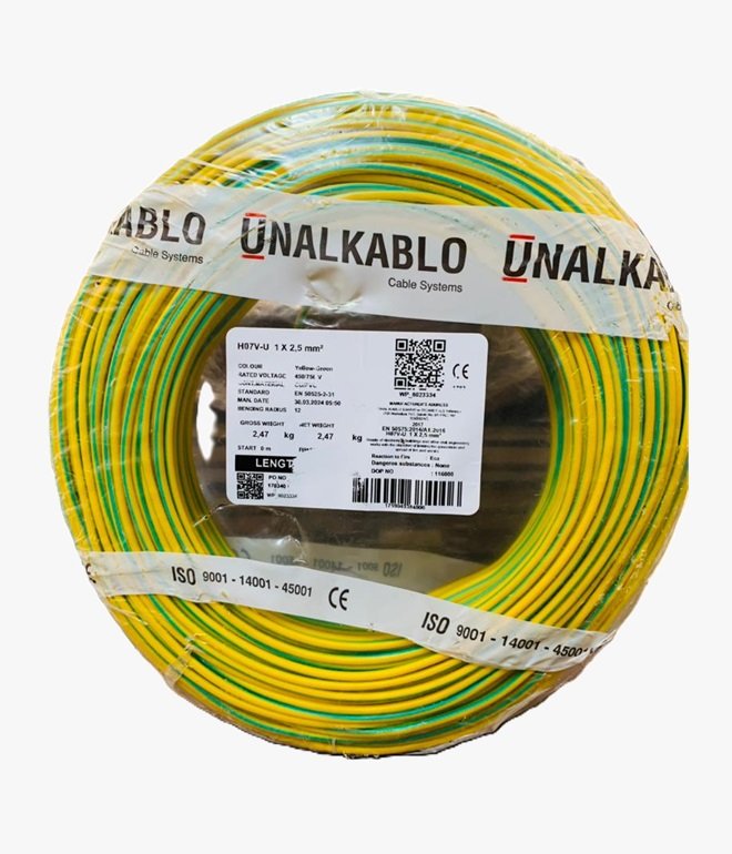 Unalkablo – Fil Rigide H07V-U 1×2.5 Vert/Jaune – Rouleau de 100m